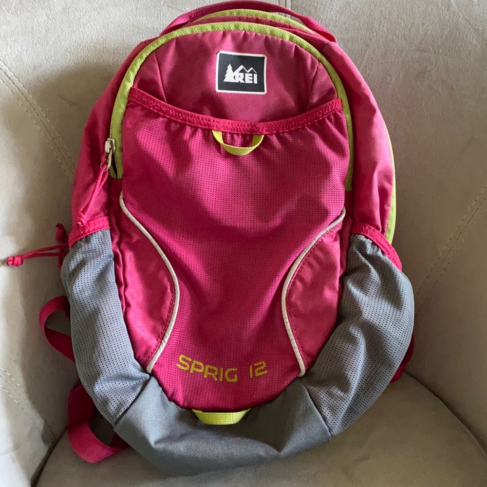 Pink and green REI kids backpack